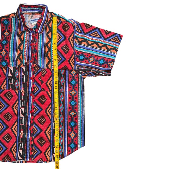 Vintage Wrangler Brushpopper Shirt Mens XL Red Aztec Geometric Short Sleeve - Picture 7 of 8